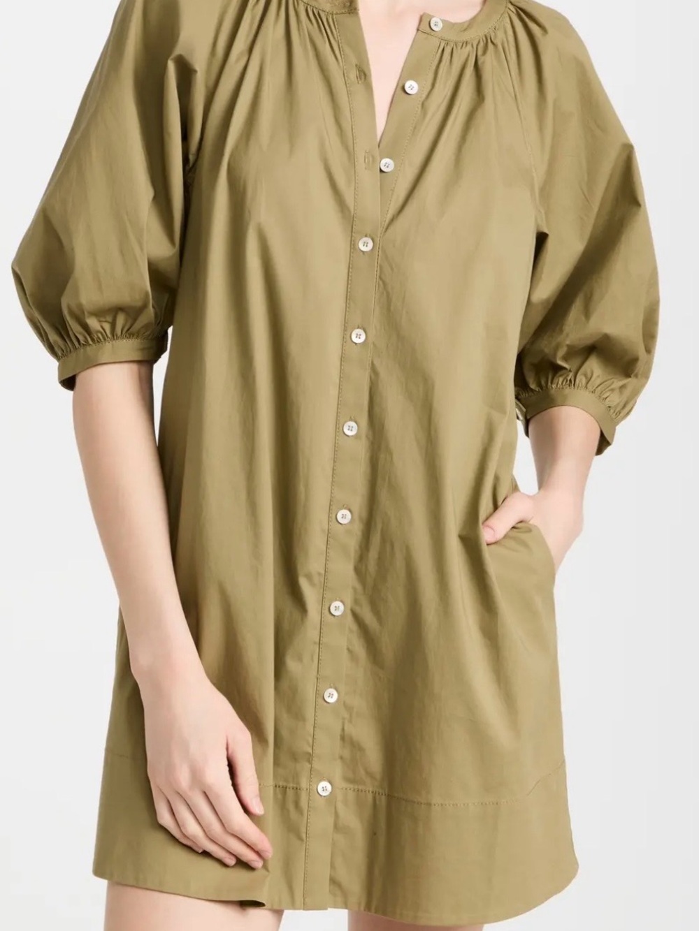 STAUD Olive Puff-Sleeve Button-Front Shirt Dress.  Size medium
